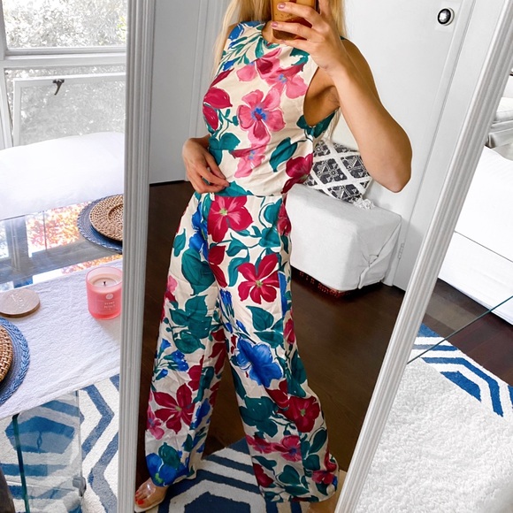 🌺 ZARA BOHO GREEN PINK MULTI SATIN WIDE LEG JUMPSUIT! - Picture 2 of 16